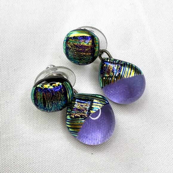 Artisan Dichroic Fused Glass Dangle Earrings Purple & Rainbow - Picture 1 of 7